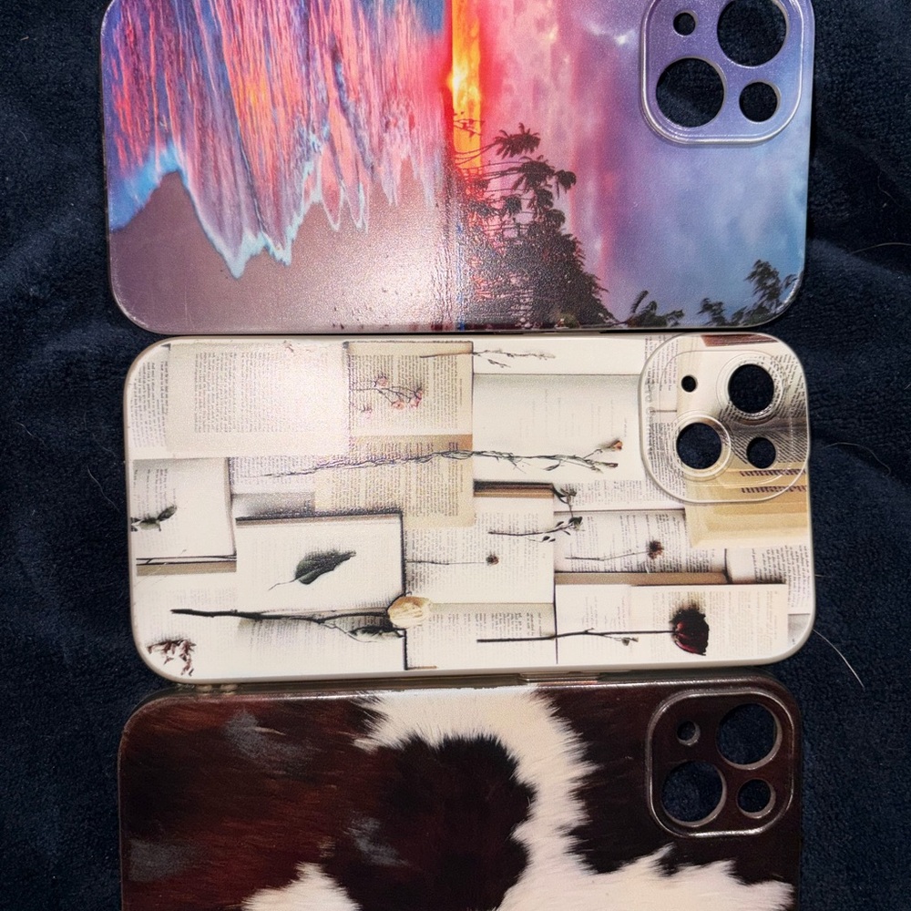 iPhone 13 Decorative Phone Case - Sunset, Book Pages, and Cowhide Designs